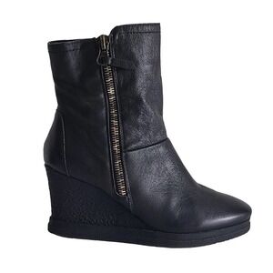 Nicole Wedge Platform Ankle Boots Black Leather Zipper Bootie Women's 8.5M